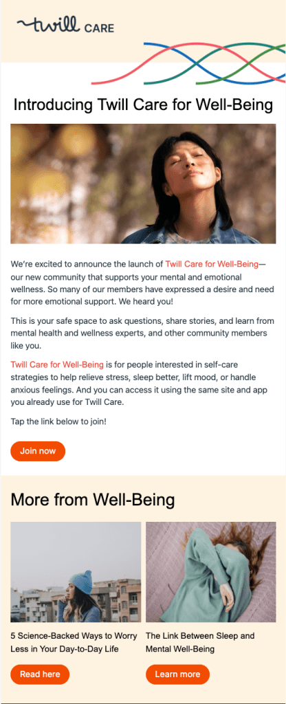Example email announcing a new topic area vertical and community